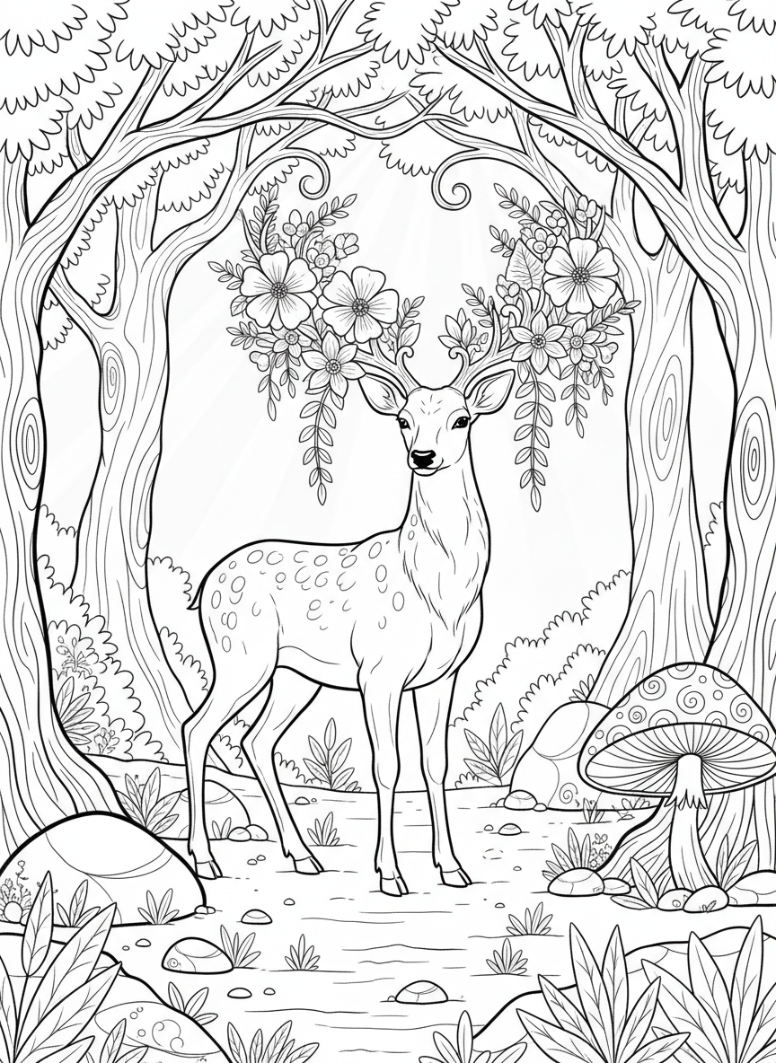 A deer with decorative antlers adorned with flowers and leaves, standing gracefully in a magical woodland clearing