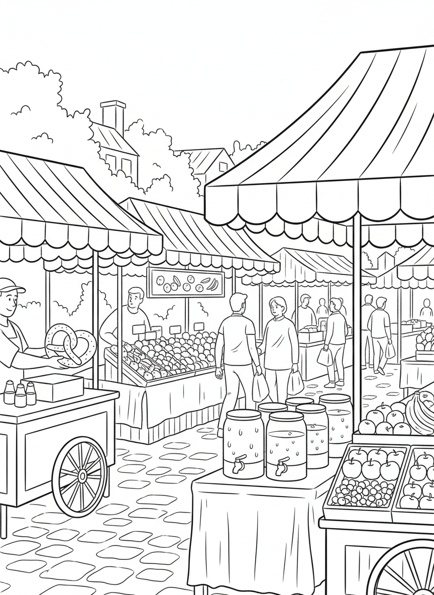 A busy street food market scene with multiple small food stands selling fruits, pretzels, and drinks under striped awnings.