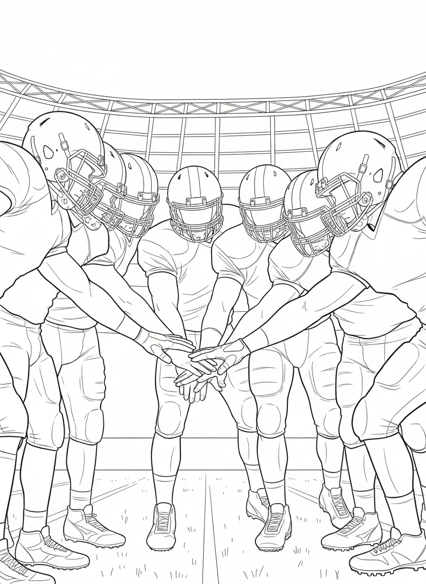 A group of football players huddled together in a circle, hands stacked in the middle, showing teamwork before the game.