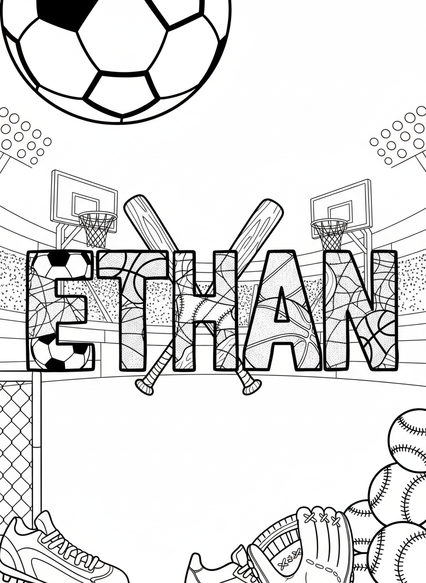The name ETHAN in sports-themed letters decorated with soccer balls, basketballs, and baseball bats, black and white outline