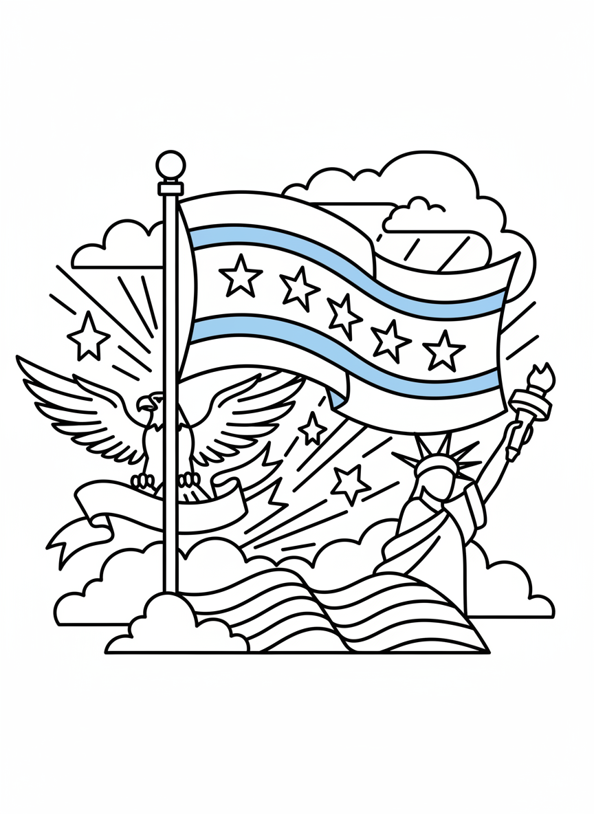 Chicago flag waving with four six-pointed stars and two blue stripes, simple patriotic design easy for kids