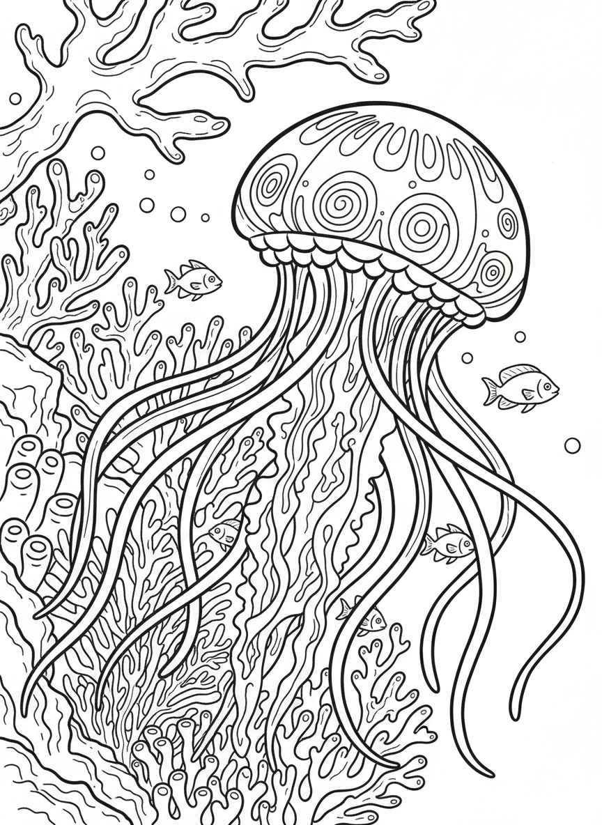 A graceful jellyfish drifting above a coral reef with trailing tentacles and small fish below