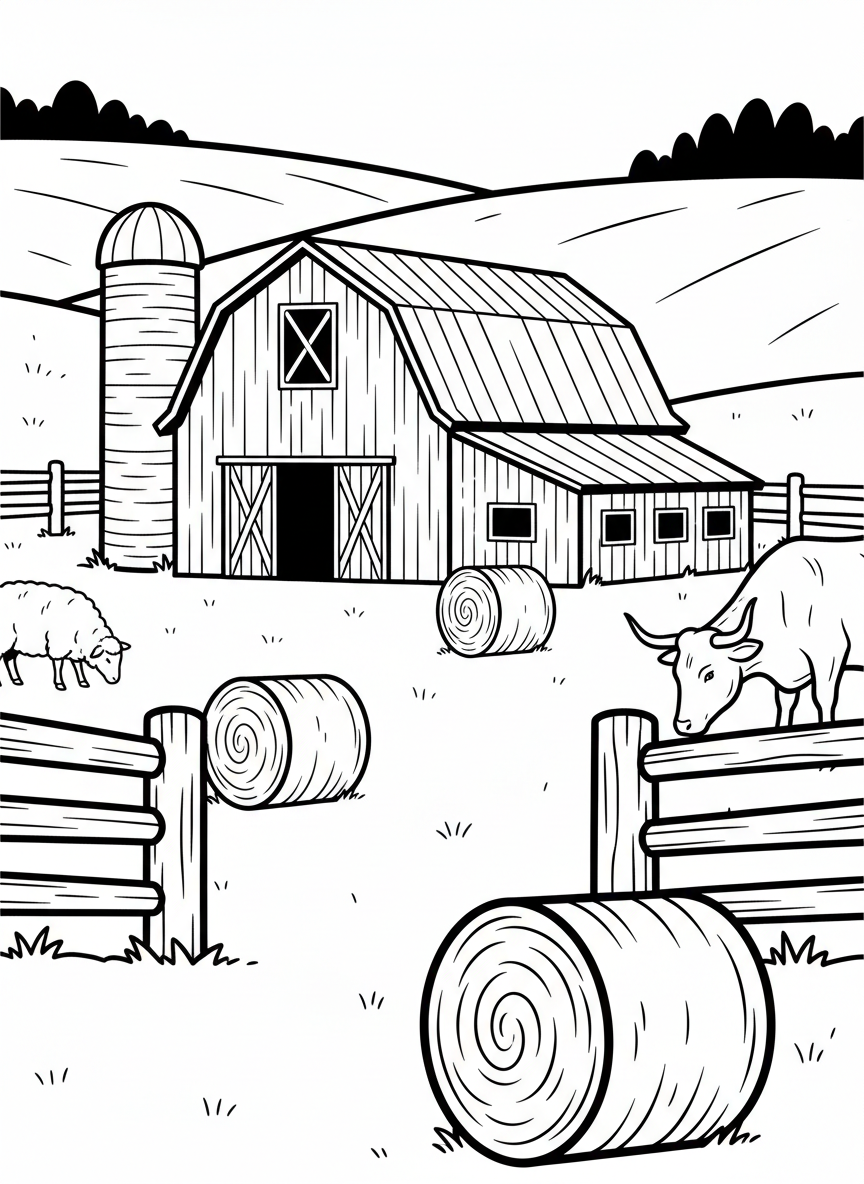 A countryside barn surrounded by hay bales, grazing animals, split-rail fences, and rolling hills extending into the distance.