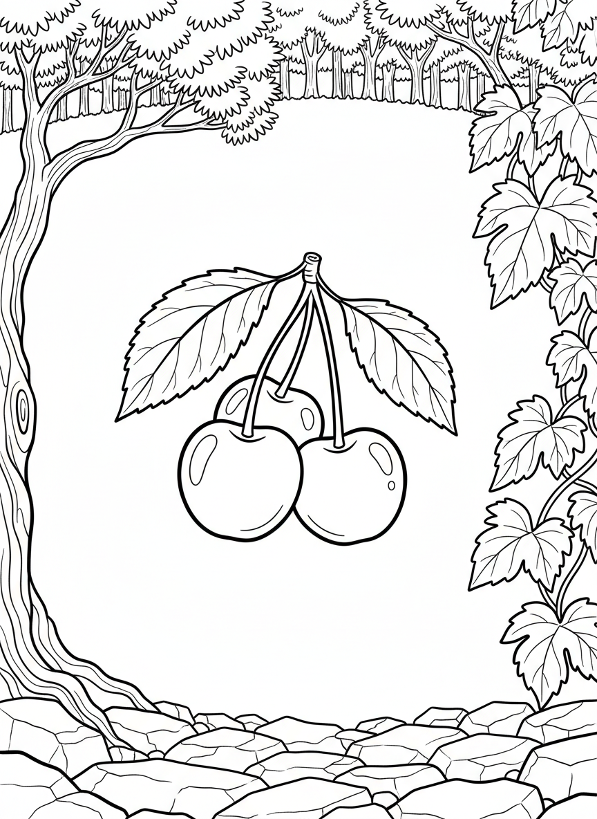 Three cherries connected by stems with detailed leaves, simple and elegant composition