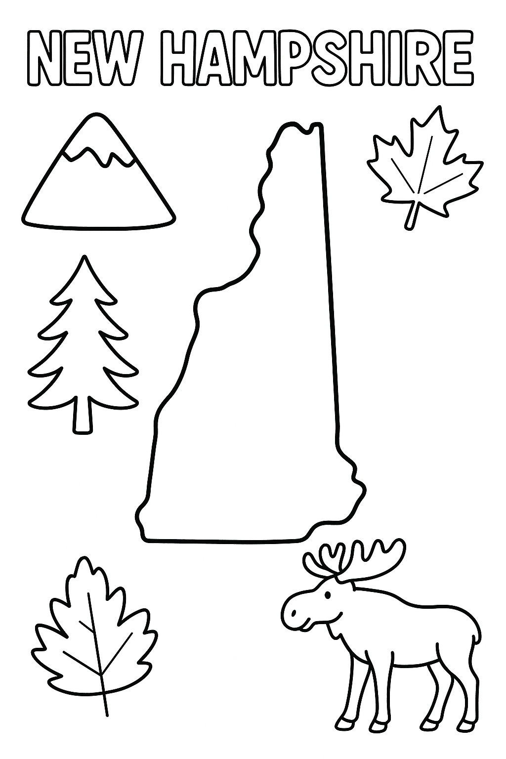 Write “New Hampshire” once at the top in outlined letters. Make the state outline bold and centered. Add one mountain, one pine, one leaf, and one moose in corners.