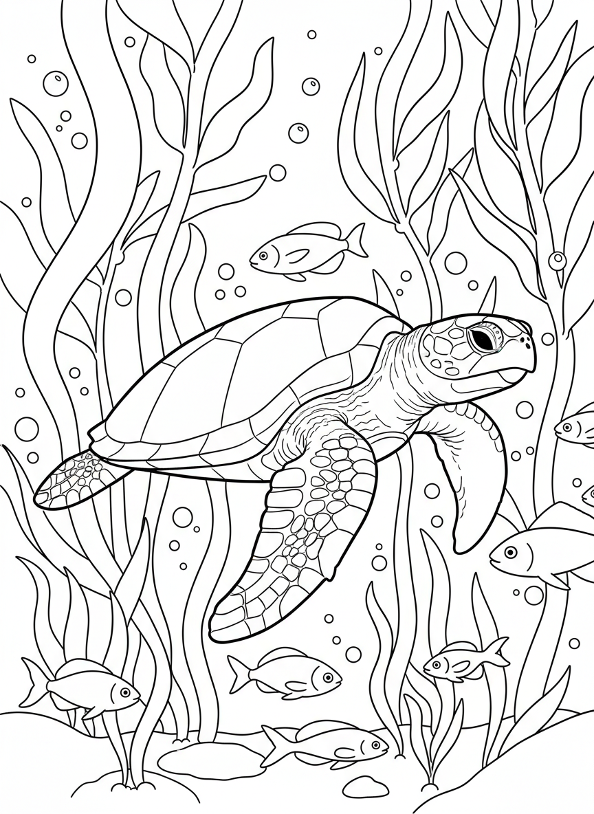A sea turtle swimming underwater near the kelp forests off San Diego's coast with fish and seaweed around it