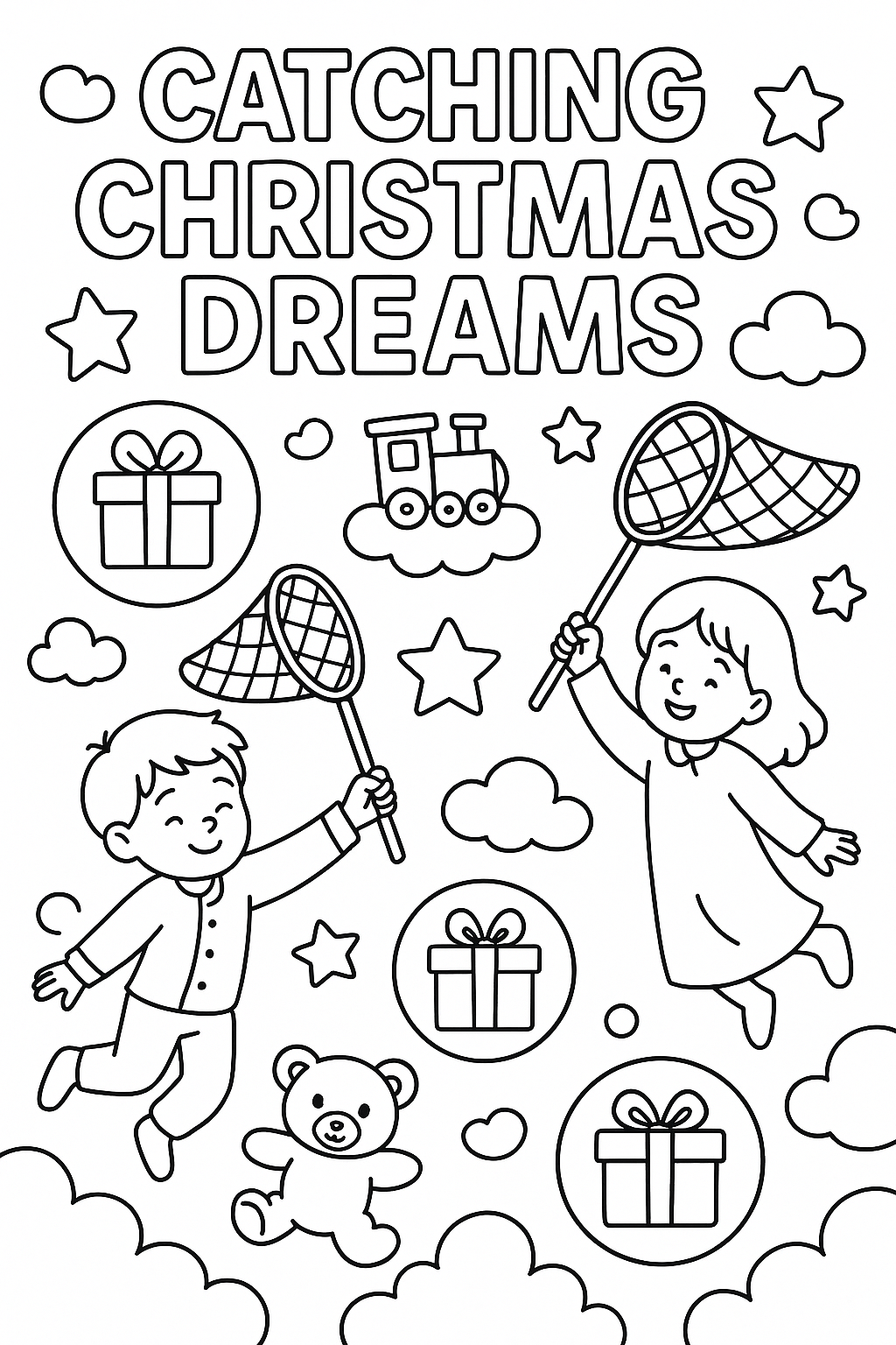 Children catching Christmas dreams in nets, floating toys, candy clouds, wish stars, dream bubbles with presents inside, thick line art, whimsical sleep adventure coloring page