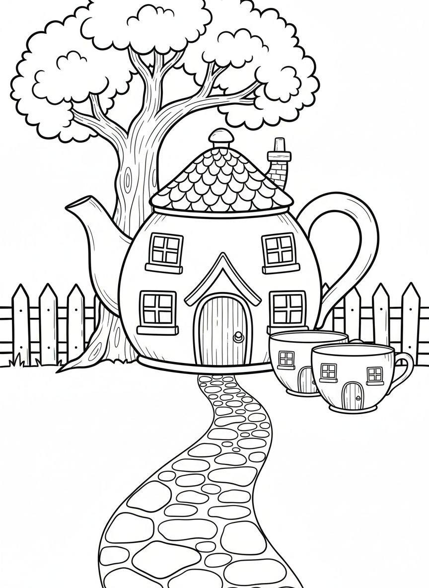 A teapot shaped like a cottage house with a chimney spout, sitting next to matching cups decorated with little windows and doors.