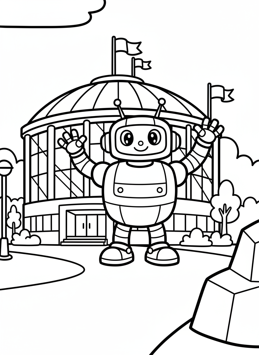A cheerful robot standing in front of a modern dome-shaped science museum building with flags on top, clean outlines for kids