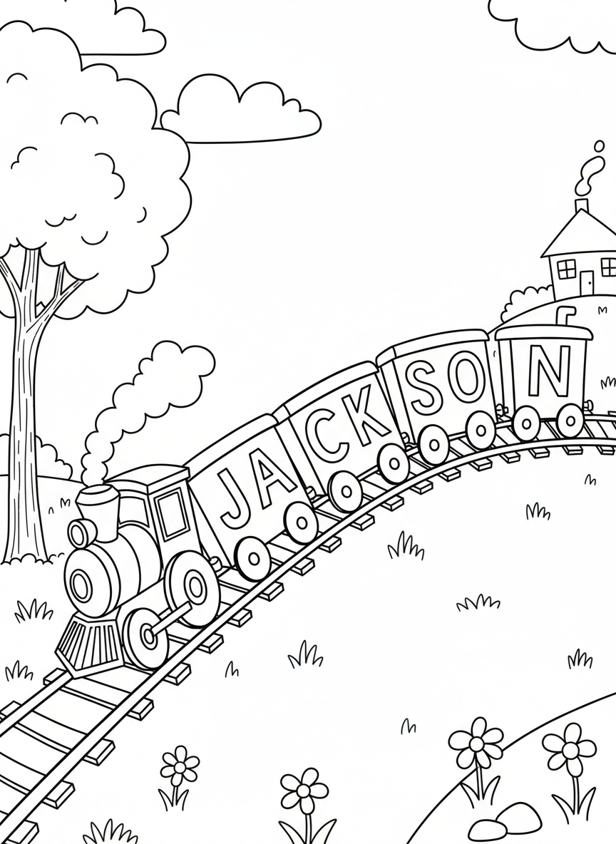 The name JACKSON in letters shaped like train cars connected together on railroad tracks, kid-friendly outline