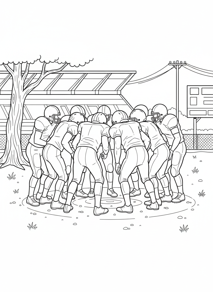 A group of players huddled together planning their next play, viewed from above in a circle formation.