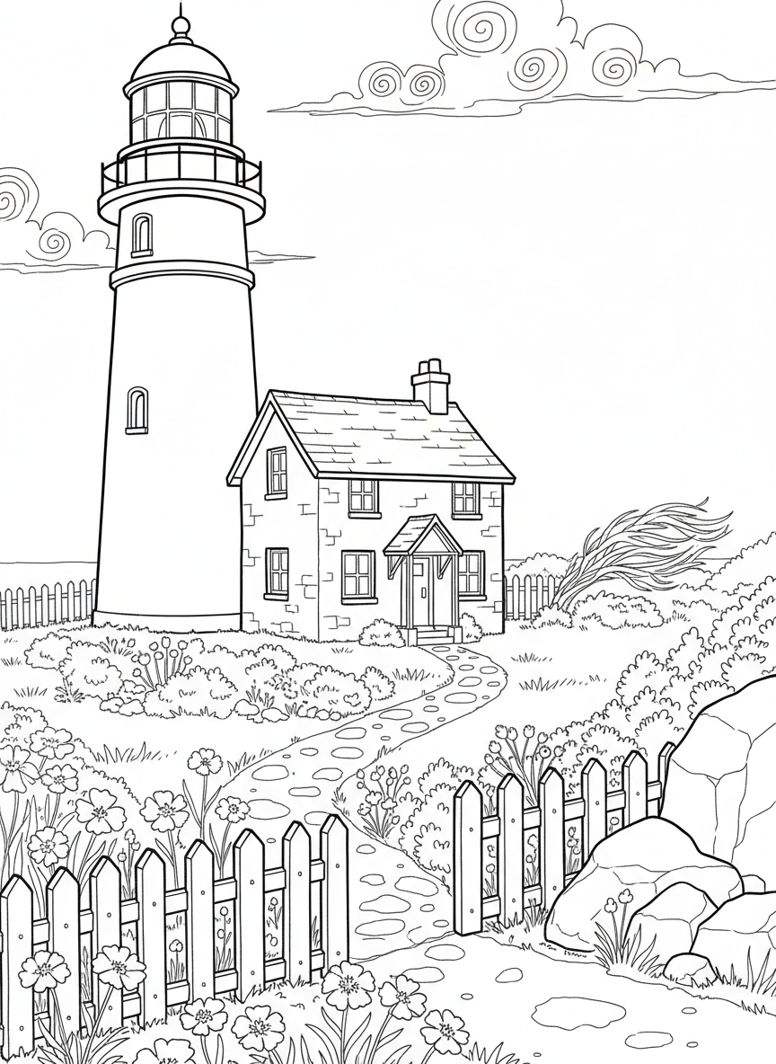 A cozy lighthouse cottage with a garden of coastal flowers, a picket fence, and the lighthouse tower rising behind it