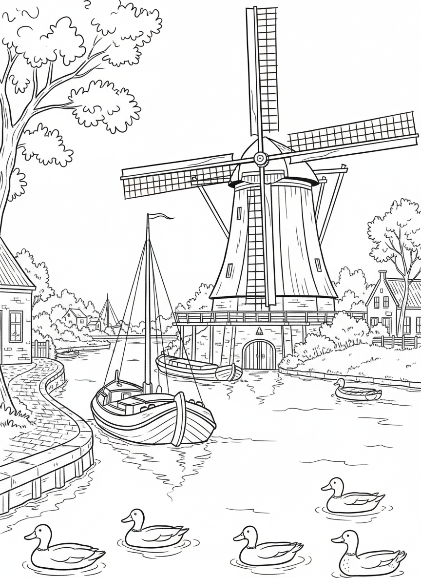 A windmill beside a busy canal with a traditional Dutch barge boat passing by and ducks swimming in the water.