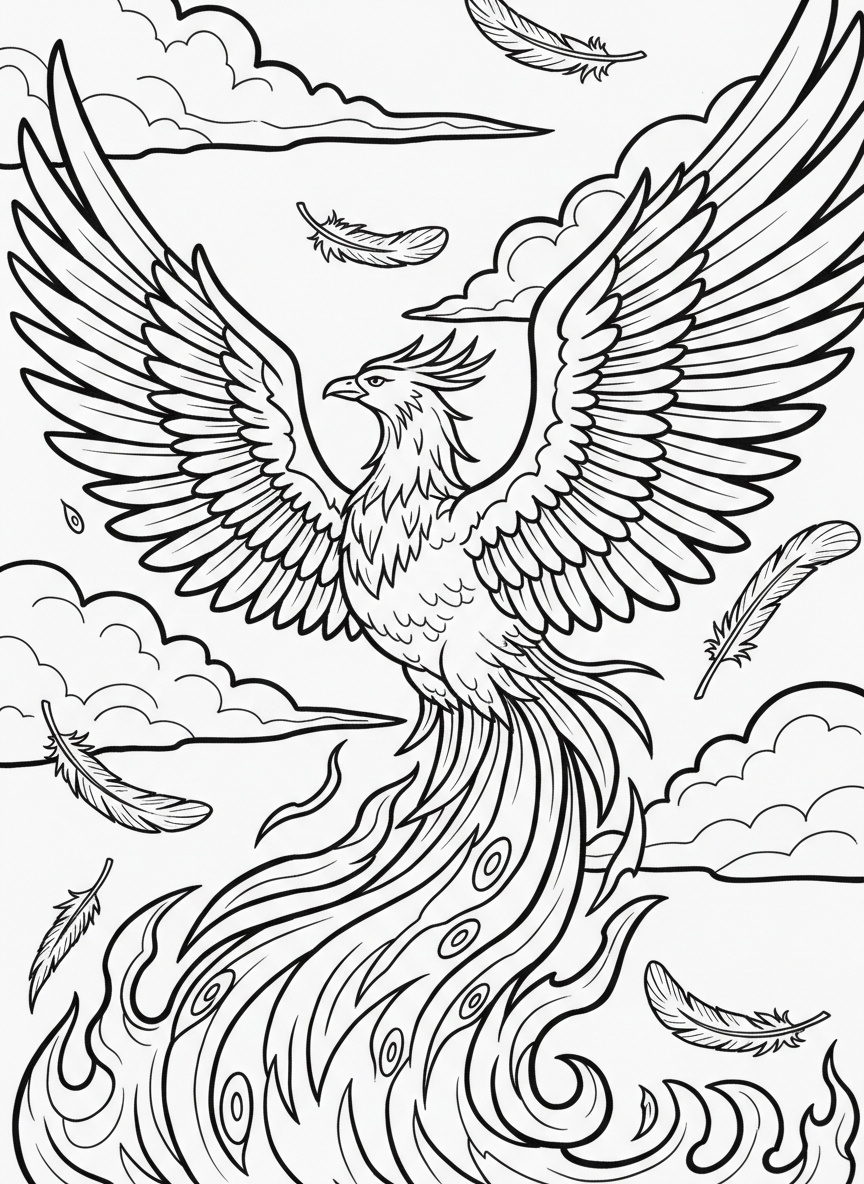 A phoenix rising from flames with its wings spread wide, feathers detailed and majestic against a simple sky background.