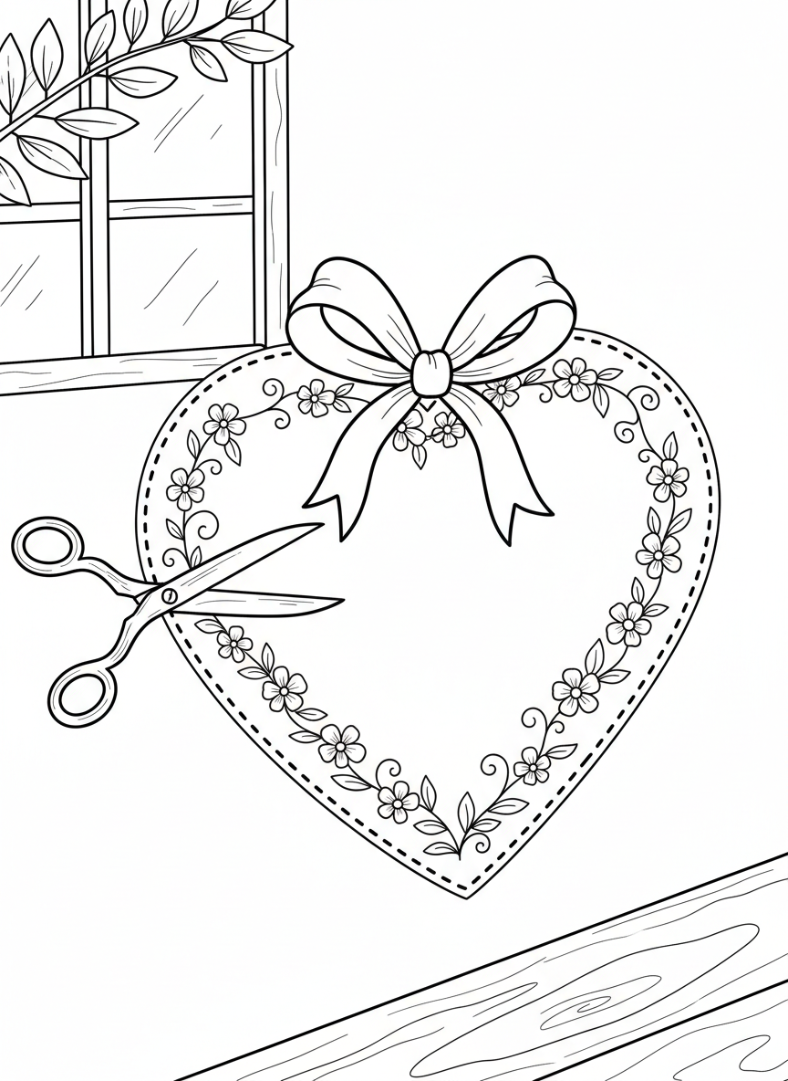 A heart-shaped gift tag with a ribbon bow at the top and delicate flower vines along the edges, ready to cut and attach