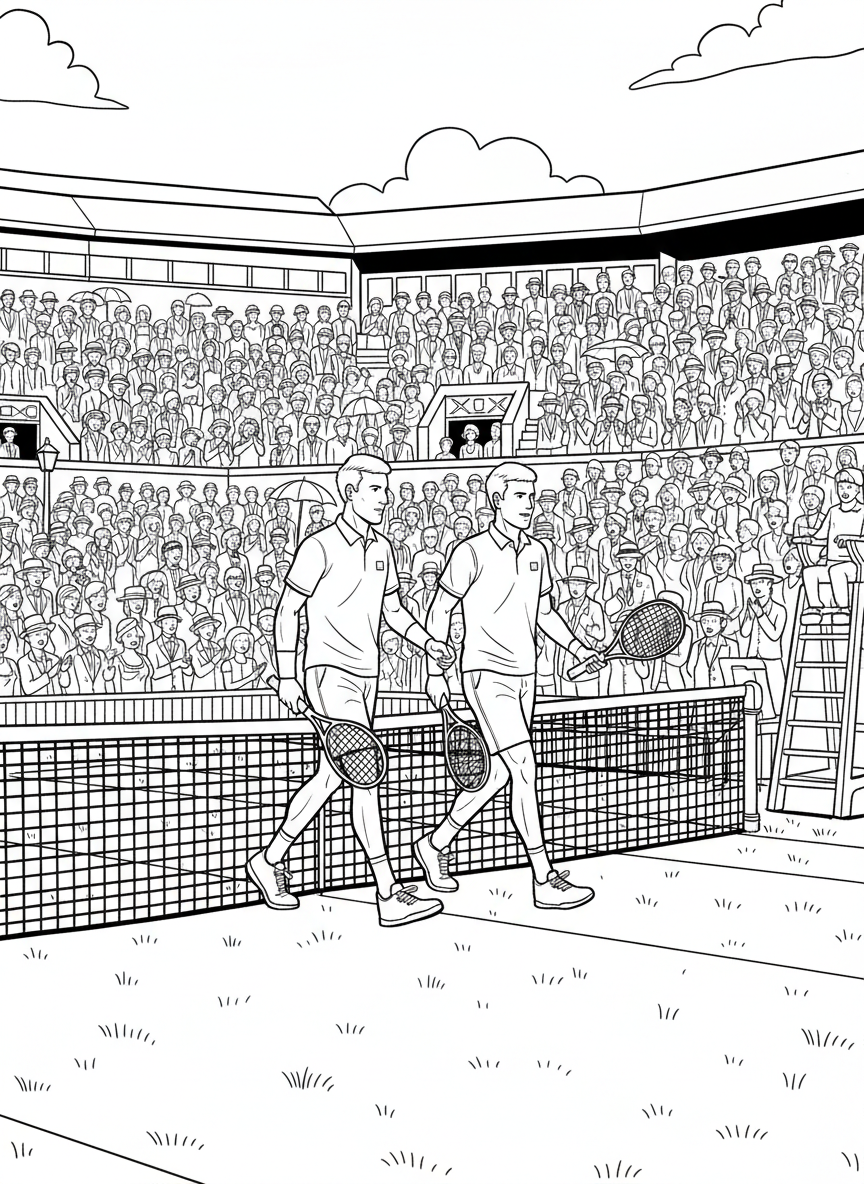 Wimbledon Finals coloring page prompts capturing tradition, grass courts, elegant crowds, and championship tennis drama.	Players walking onto the grass court in crisp white attire, rackets in hand as applause echoes politely through the stands.