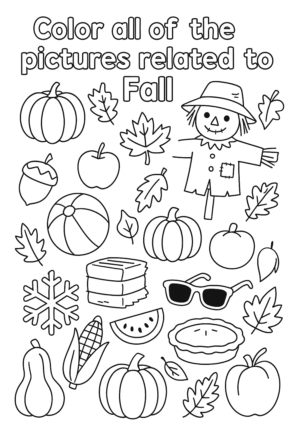 "Color all of the pictures related to Fall". Show pumpkins, leaves, acorns, apples, scarecrow, hay bale, corn, and pie mixed with non-fall items like beach ball, snowflake, watermelon, and sunglasses. Scatter everything randomly across the page with clear outlines. limit the objects to 10
