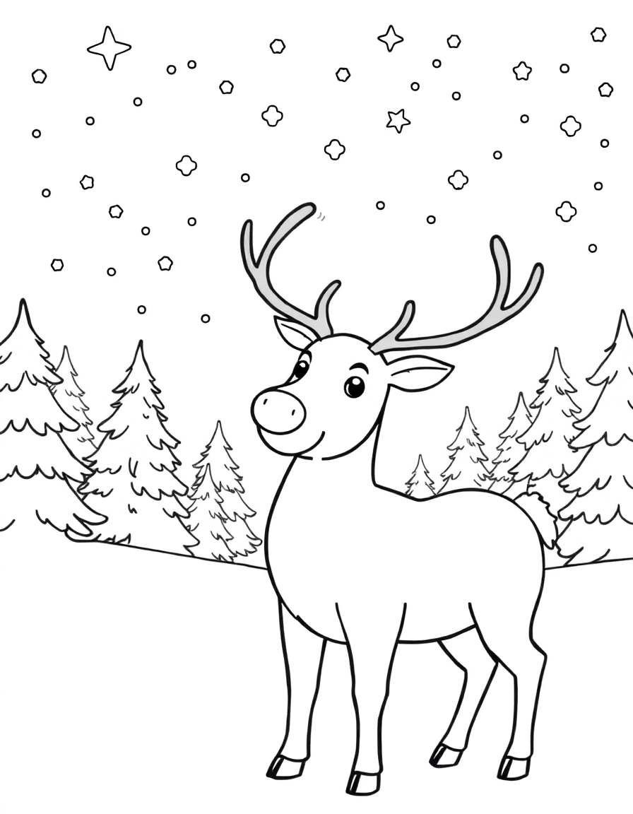 A reindeer with a shiny nose, standing in a snowy forest under a sky full of stars.