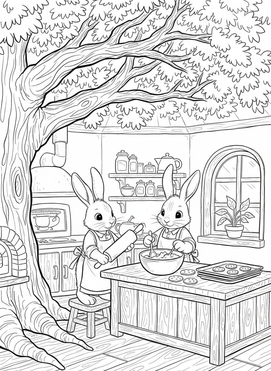 Two rabbit friends baking cookies together in a treehouse kitchen, with a mixing bowl and cookie sheets on the counter.