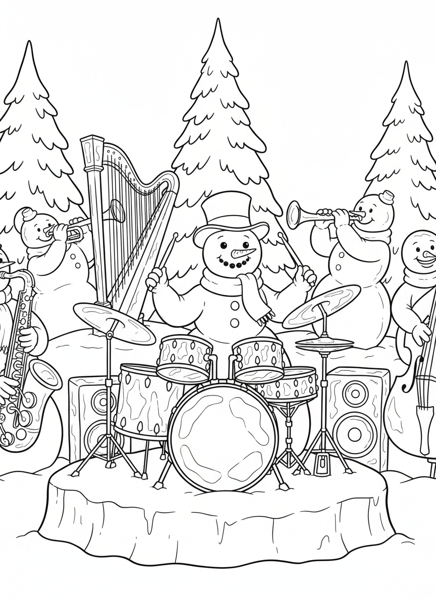 A snowman playing drums in a winter band, with drumsticks in stick hands and musical instruments made of ice around it.