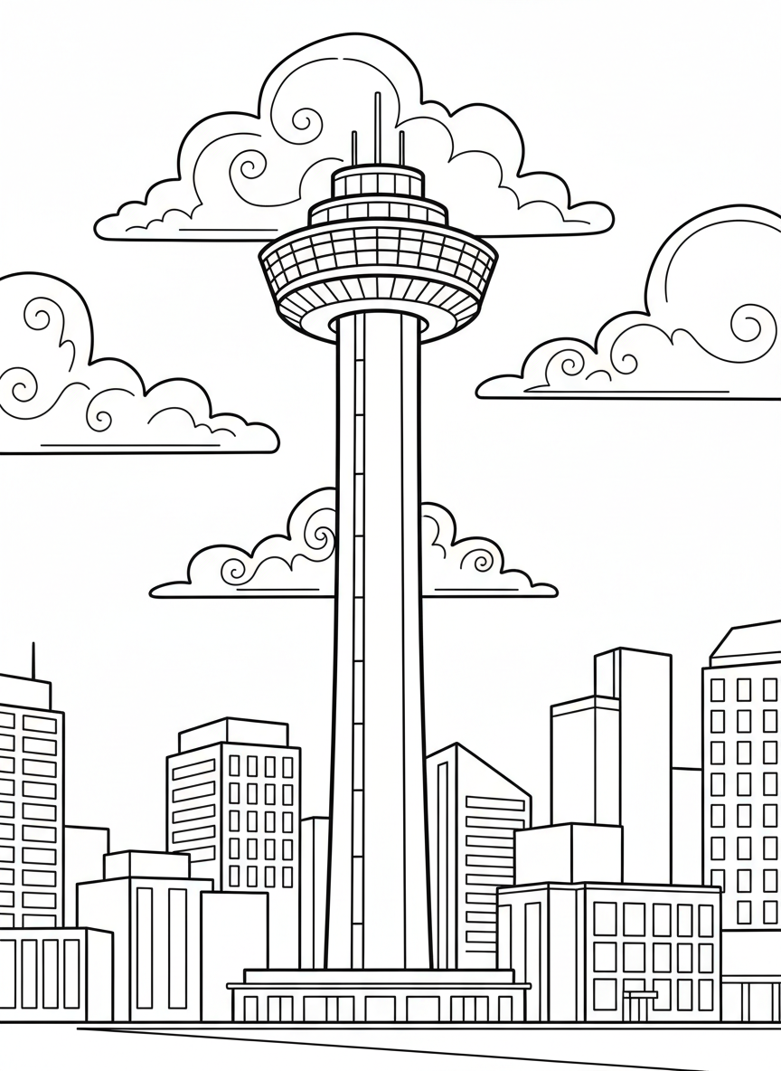 The Tower of the Americas standing tall with observation deck, surrounded by city buildings and puffy clouds, clean black-and-white outline for coloring.