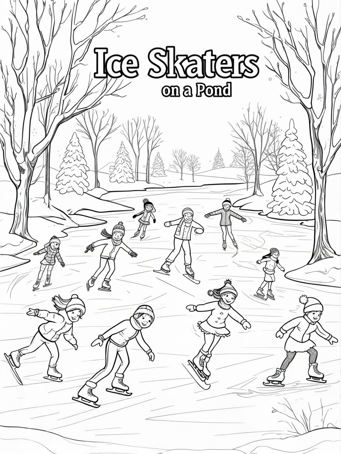 Ice Skaters on a Pond: A picturesque scene of several people gracefully ice skating on a frozen pond surrounded by snow-dusted trees.