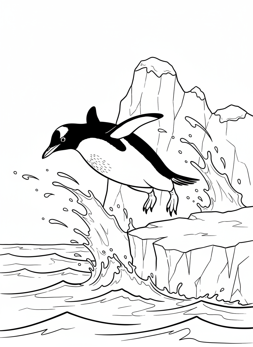 A gentoo penguin with its distinctive white head stripe jumping out of the water onto an ice ledge.