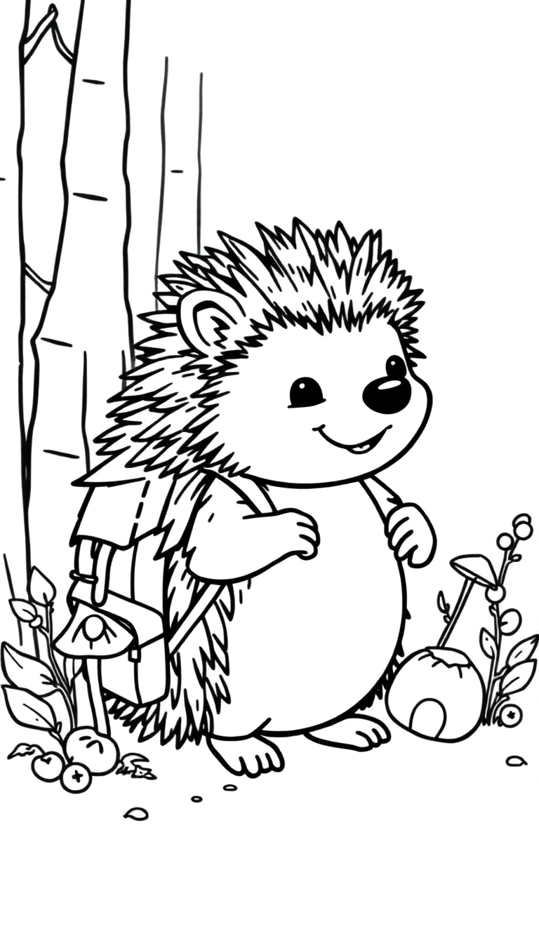  A hedgehog with a tiny backpack collecting mushrooms and berries in the forest