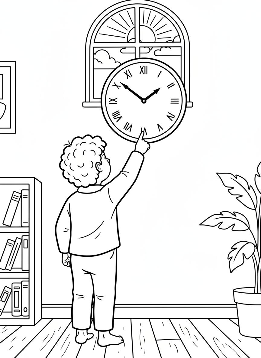 A child looking at a wall clock showing morning time, standing and pointing at the clock, learning to tell time