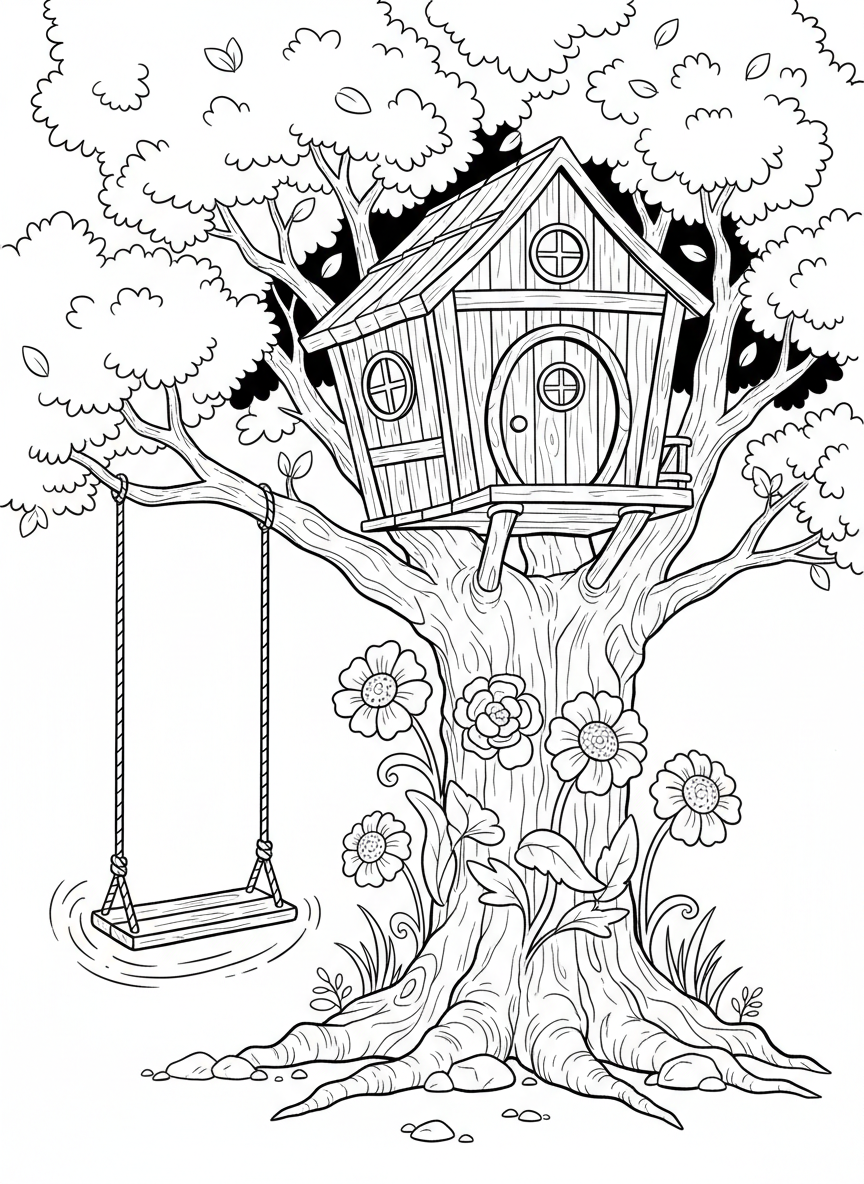 A cozy treehouse with a rope swing in motion, a child-sized door, and flowers growing around the tree trunk.