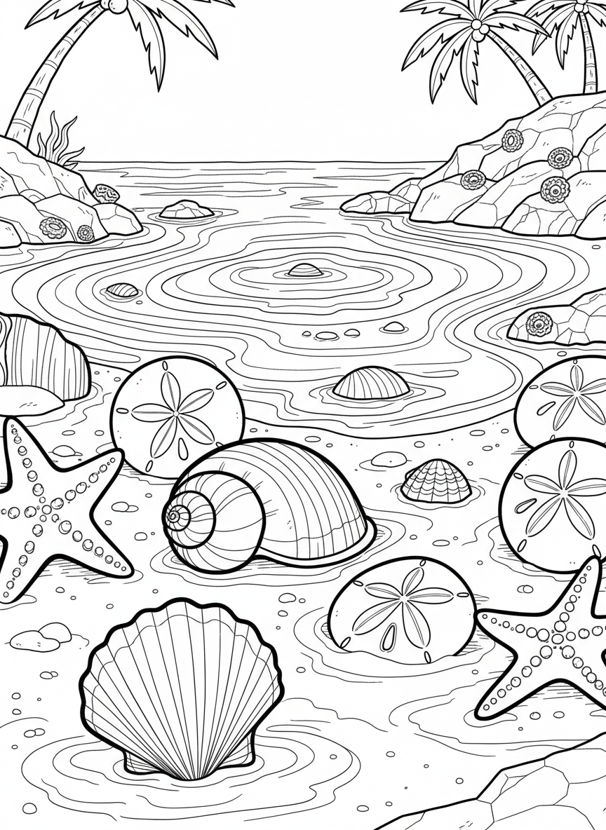 A collection of different seashells, sand dollars, and small starfish scattered on the beach near a tide pool.