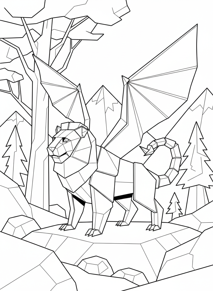 An origami manticore with paper-fold wings, lion body, and scorpion tail made of angular shapes, standing proudly, coloring page