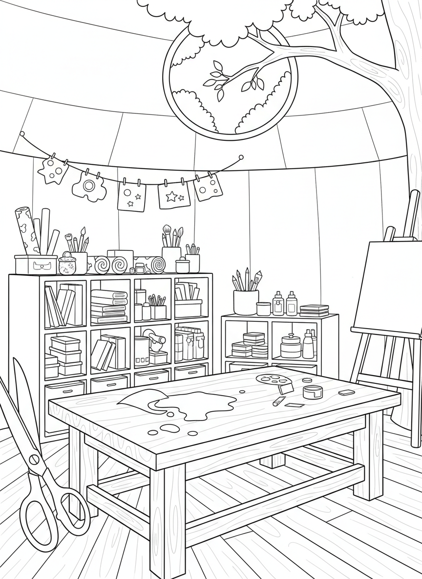 Treehouse craft room with a work table, storage cubbies filled with supplies, scissors, and colorful decorations on walls.