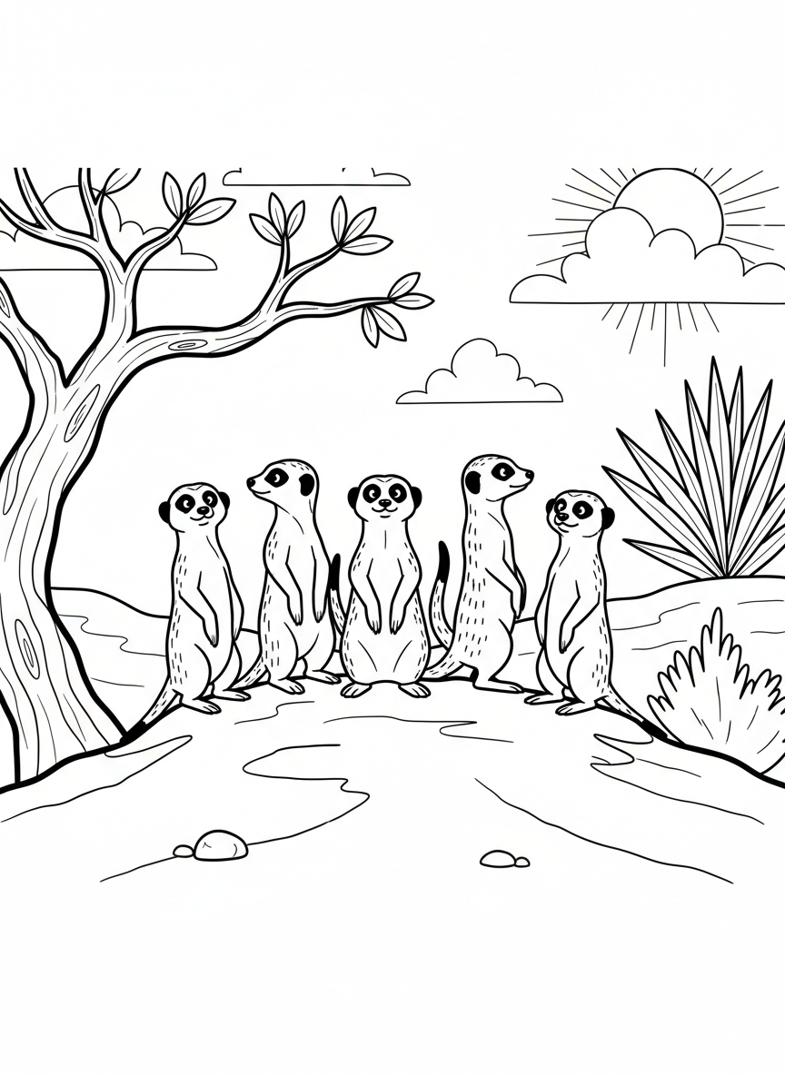 A group of meerkats standing alert on a sandy mound, looking in different directions
