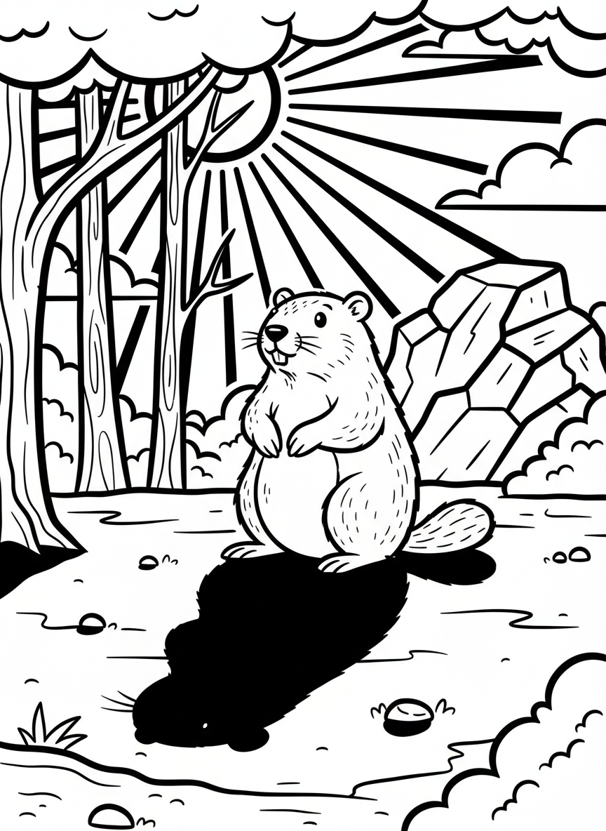 A groundhog standing upright looking at his shadow on the ground, with the sun shining brightly in the sky above