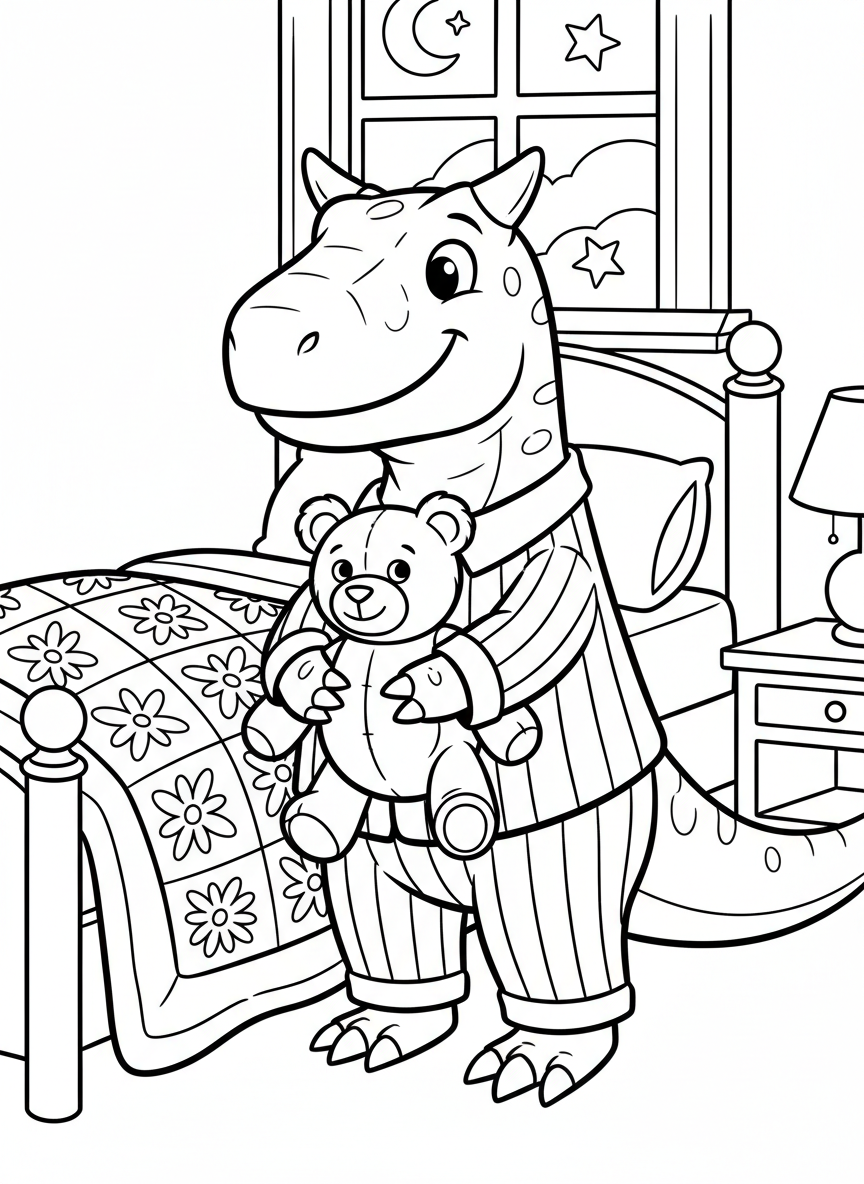 A friendly Carnotaurus wearing pajamas and holding a teddy bear, standing by a bed with a quilt, bedtime scene