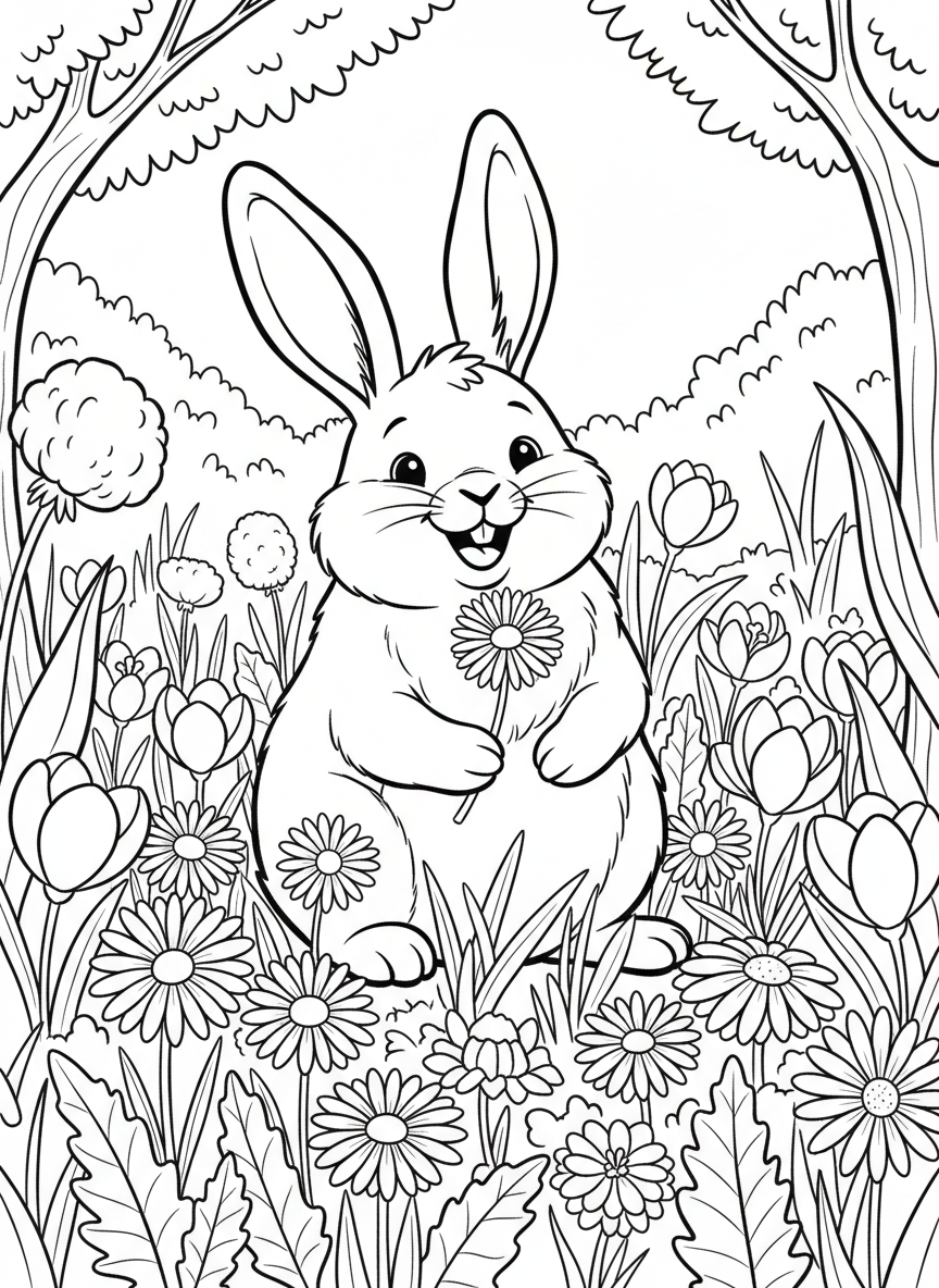 A happy bunny rabbit sitting in a meadow surrounded by spring flowers like crocuses, daisies, and dandelions.