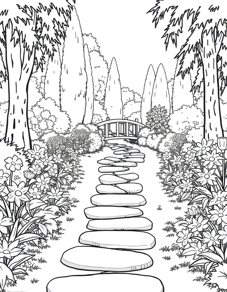 A picturesque garden path of smooth stepping stones winding its way through lush greenery and blooming flowerbeds. Tall, slender trees frame the path, and a small, arched wooden bridge crosses a tiny, gurgling stream in the background.