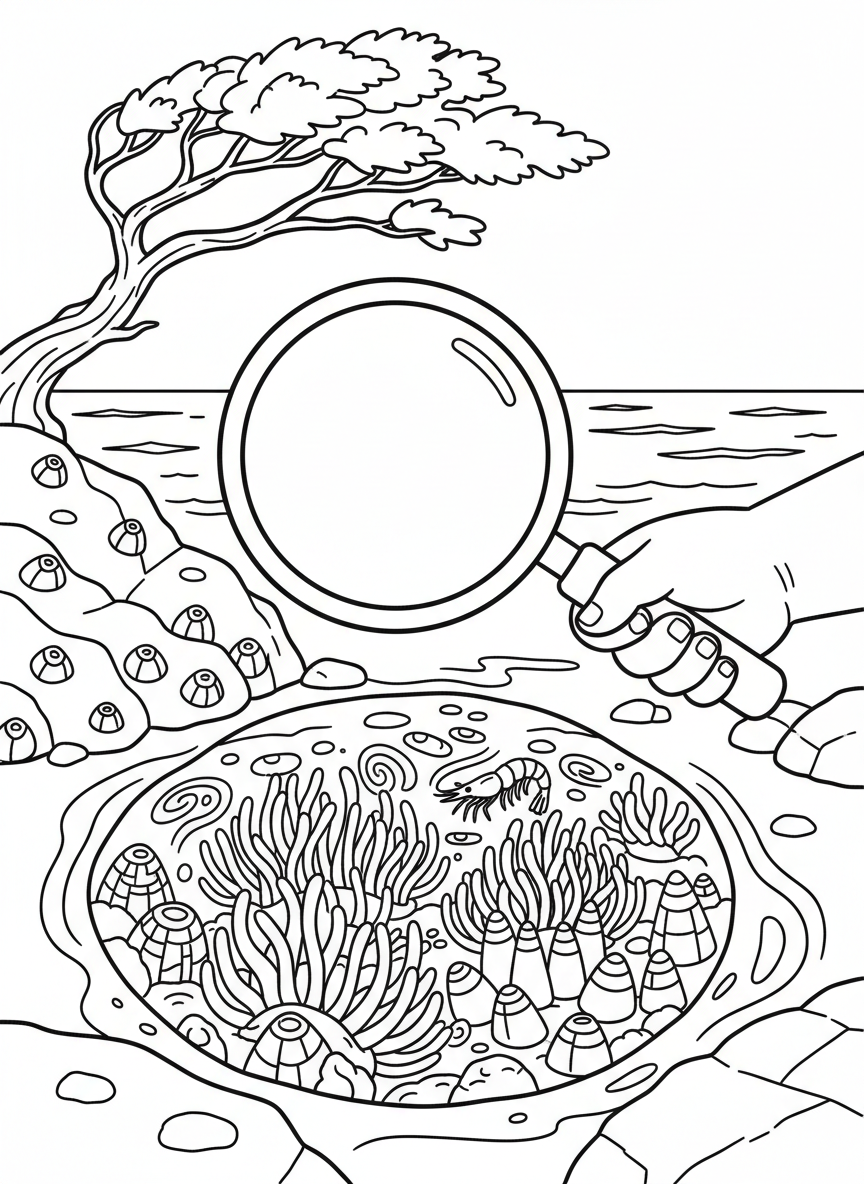 A child's hand holding a large magnifying glass over a tidepool, revealing detailed anemones, barnacles, and small shrimp beneath.