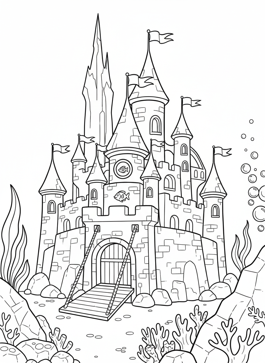A grand underwater castle with multiple turrets, flags, and a drawbridge, with small fish swimming past the windows