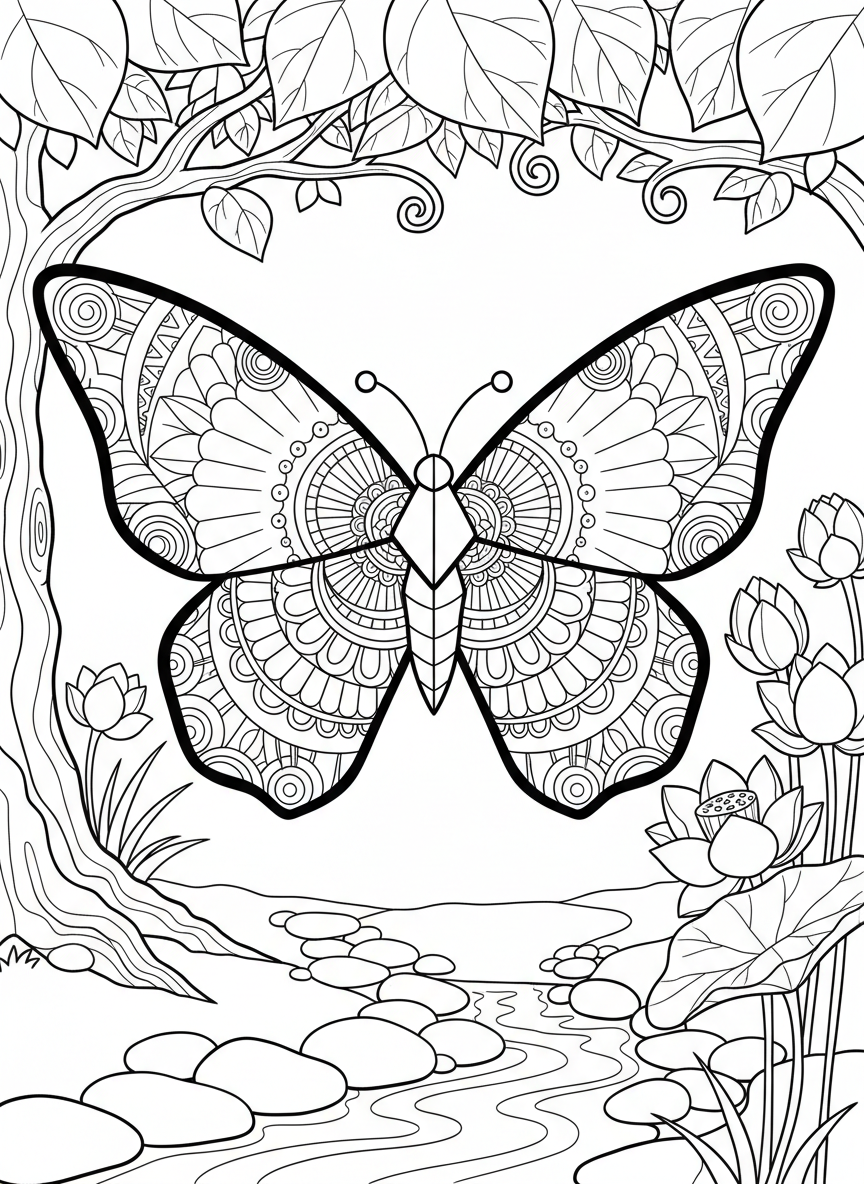 A detailed origami butterfly with mandala-like patterns on wings, antennae with small circles at tips, centered composition