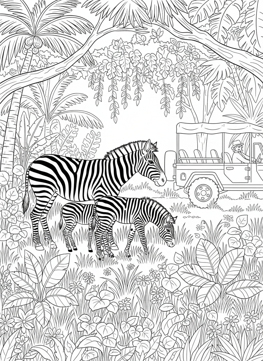 A zebra family grazing in a sunny jungle meadow with a safari jeep observing from a safe distance.
