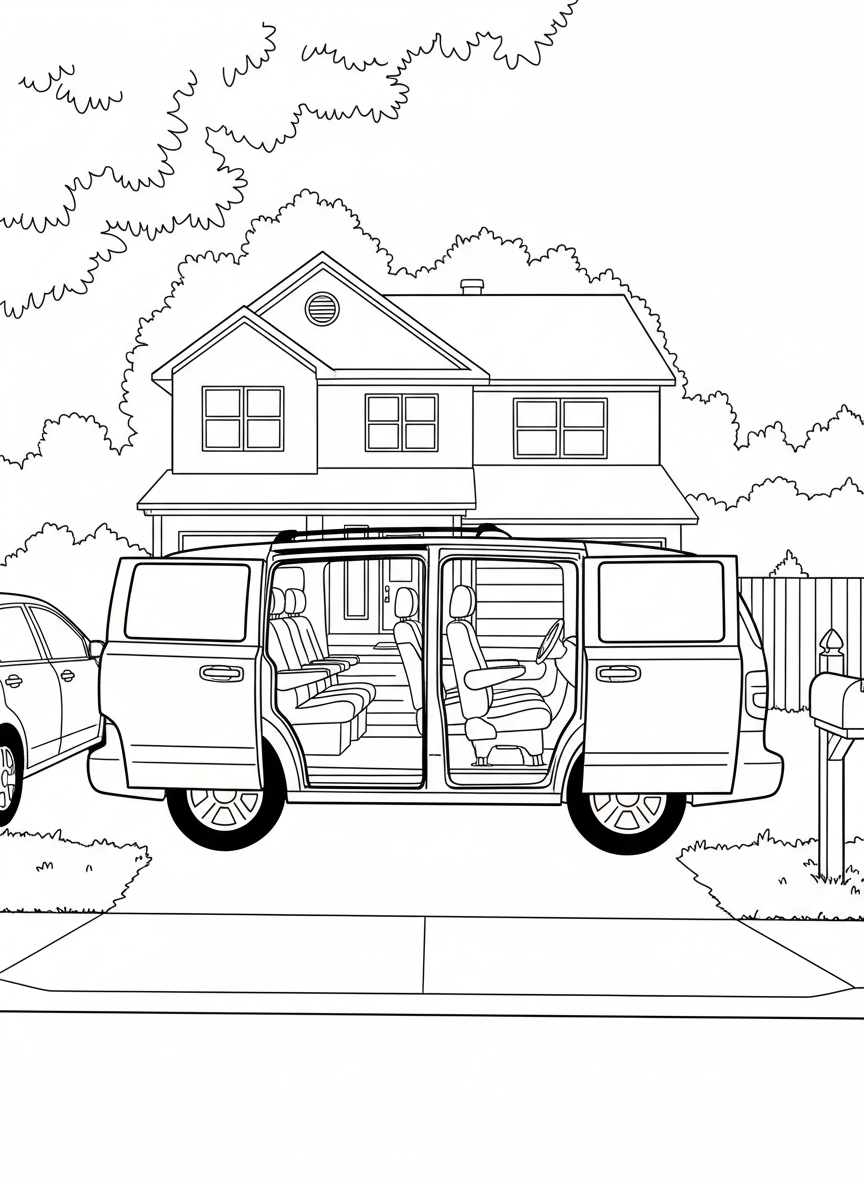 A family minivan with sliding doors open, showing rows of seats inside, parked in a driveway with a house behind it