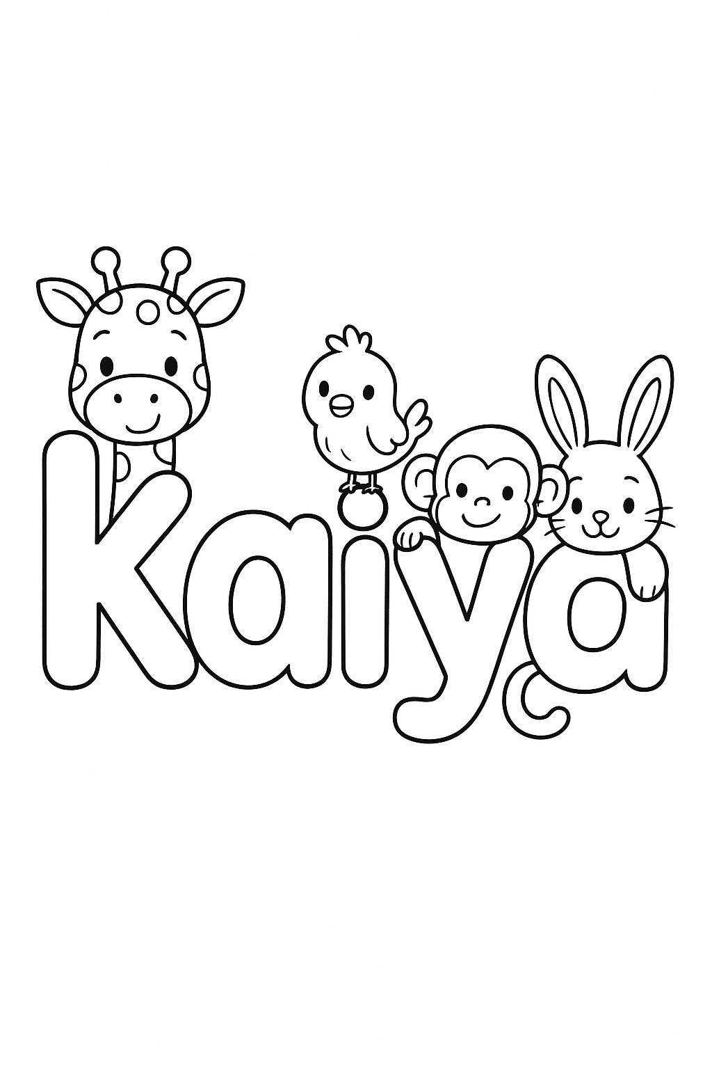 The name “Kaiya” in bubble letters with cartoon animals peeking out of each letter. make the name all on one line, capitalize only the first letter