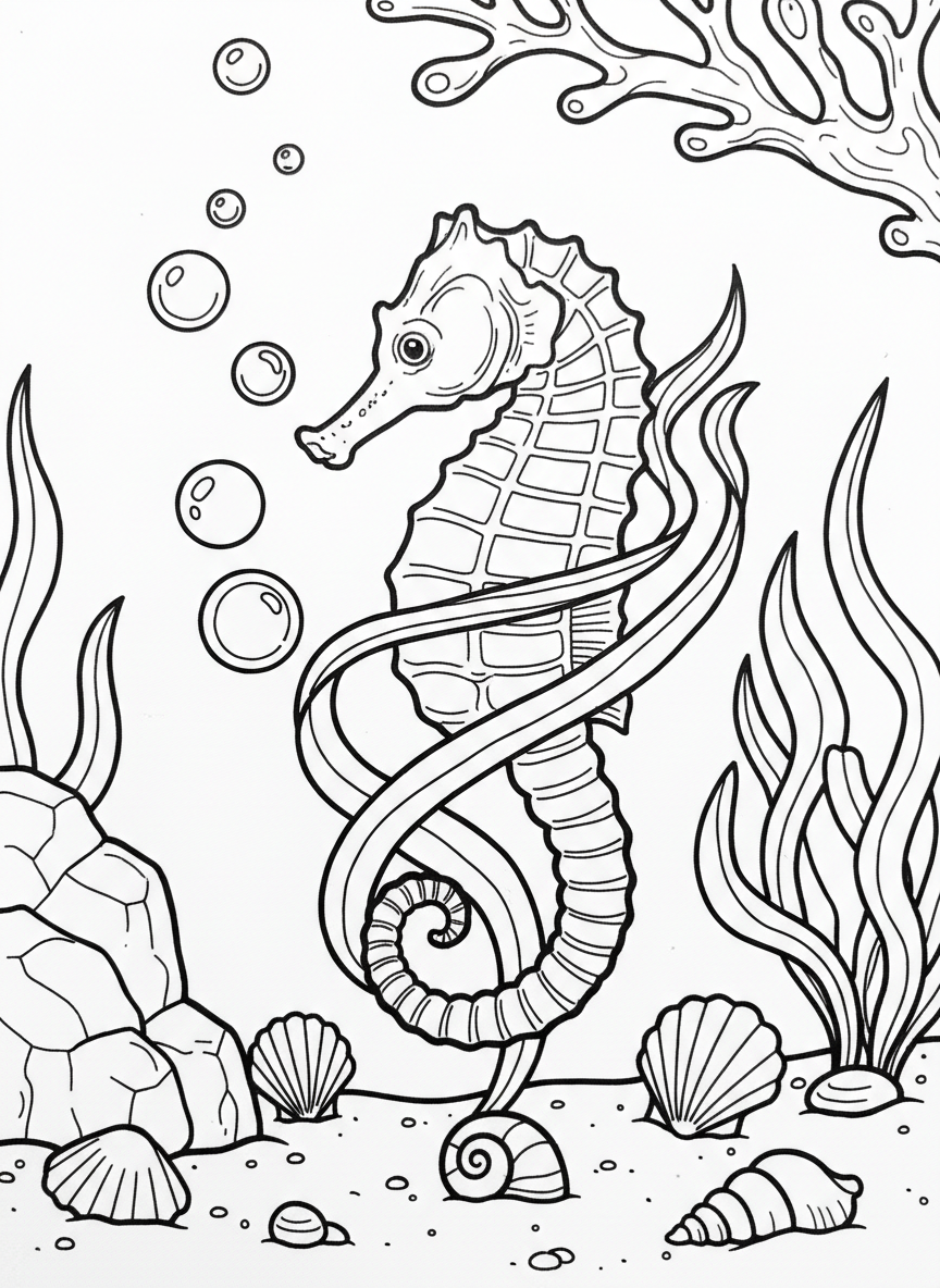 A seahorse wrapped around a piece of seaweed, with bubbles floating upward and shells on the sandy ocean floor below.