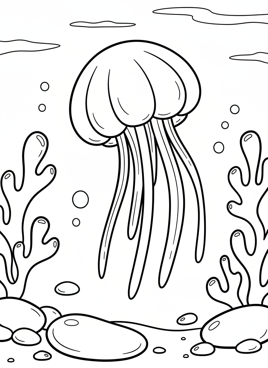 Simple jellyfish with a round bell and four long straight tentacles floating peacefully, perfect for young children, with a few pebbles below.