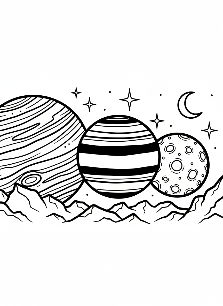 Three different planets of varying sizes lined up in a row, each with unique surface patterns like stripes, swirls, and craters.