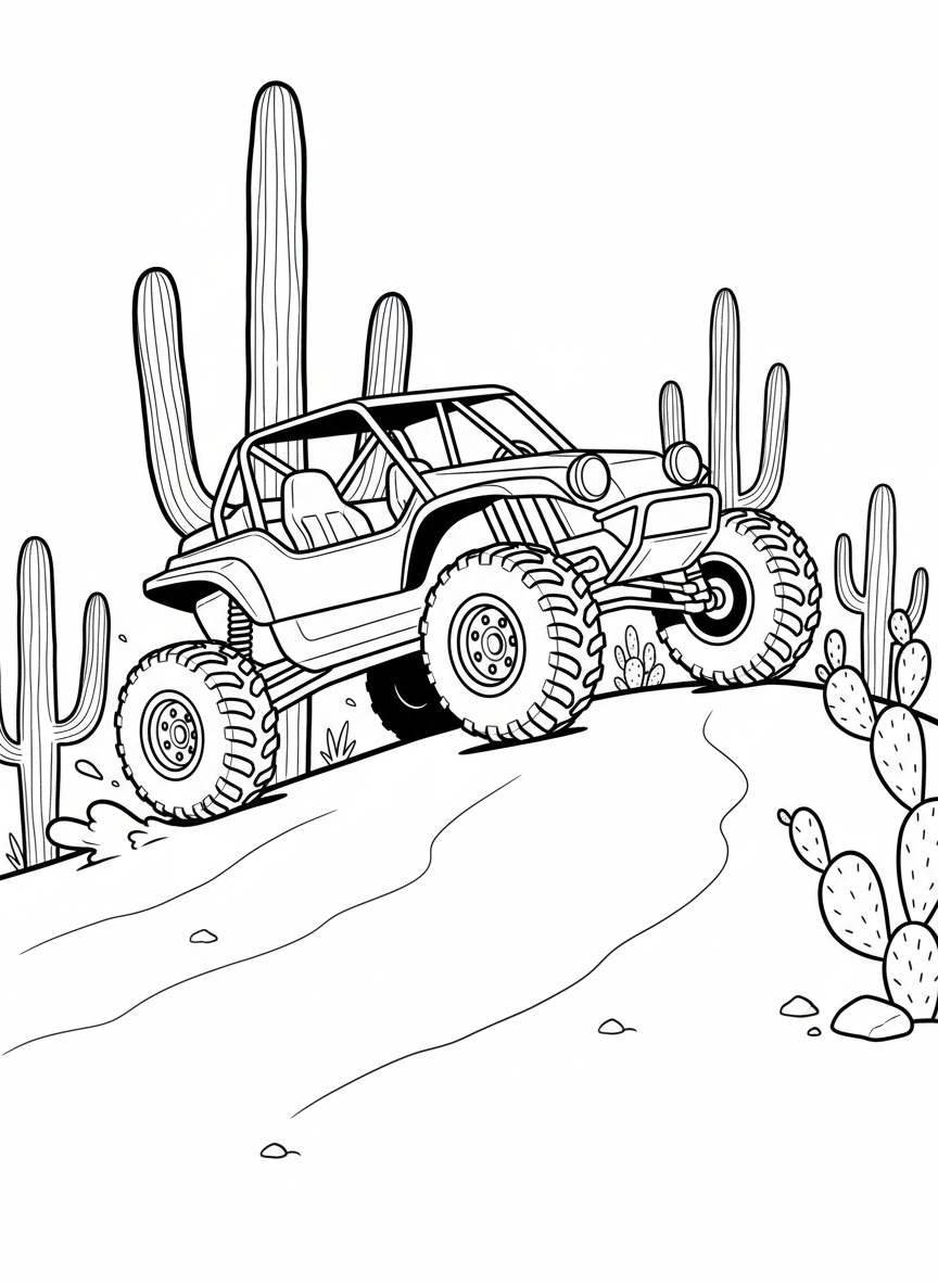 A dune buggy with roll cage and knobby tires, jumping over a sand dune with desert cacti in the background