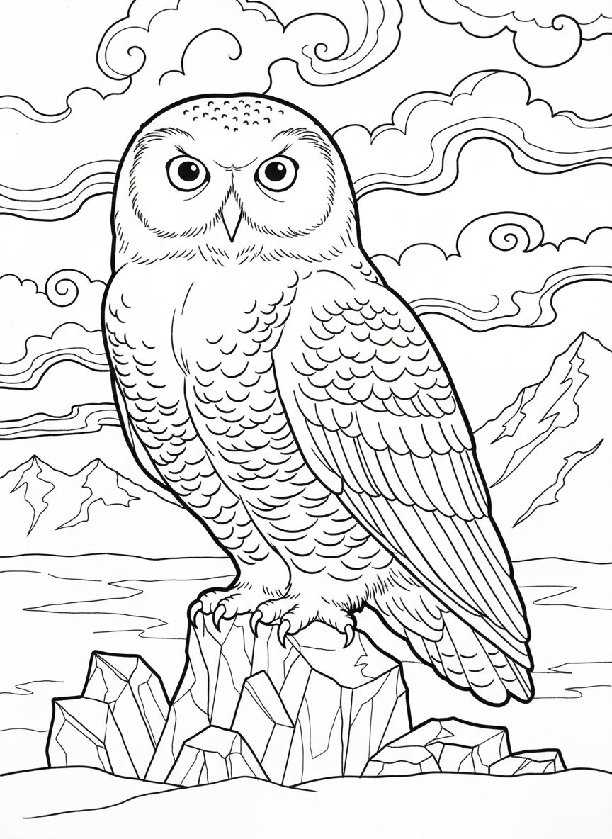 A snowy owl perched on an ice formation with detailed feather patterns, large round eyes, and Arctic scenery behind