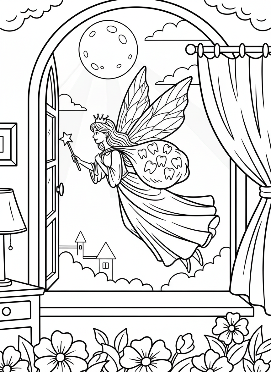 A tooth fairy flying through an open window with moonlight streaming in, carrying her collection bag